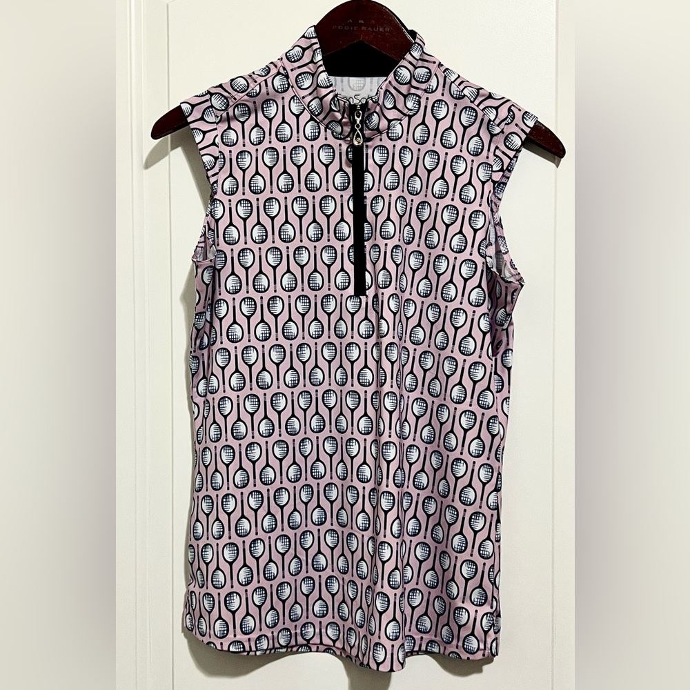SansSoleil Golf Tennis Pickleball Shirt Pink Navy Racket Print UPF 50+ Sz. S EUC